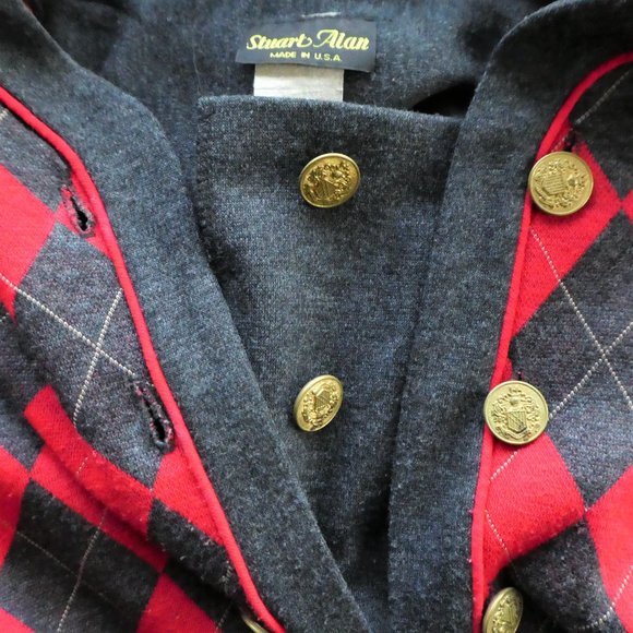 Vintage Stuart Alan USA Cardigan Diamond Plaid Argyle Red Gray Preppy XL - Picture 9 of 10